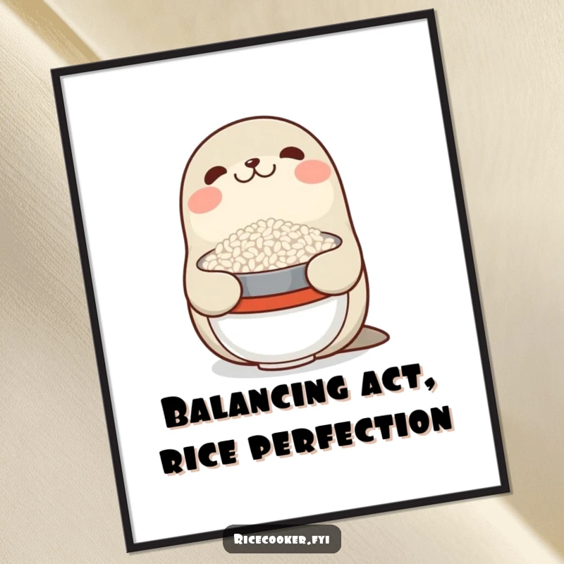 Funny free printable wall art of a smiling seal balancing a bowl of rice on its nose, a delightful decoration.