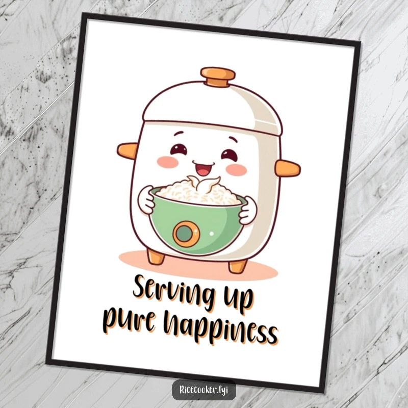 Funny free printable wall art of a happy rice cooker extending a steaming bowl in a gesture of warm welcome, kitchen art.