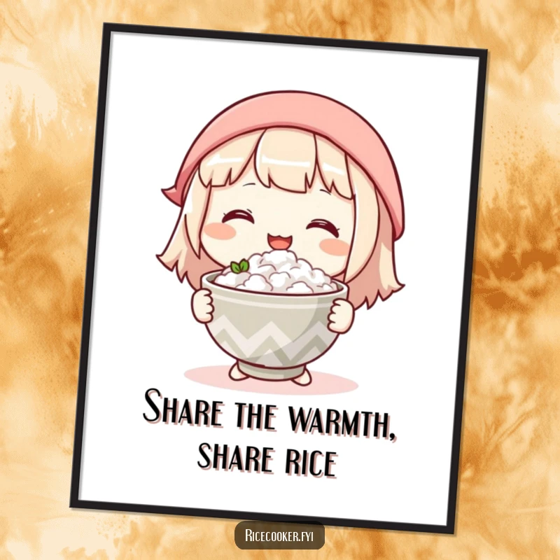 Funny Free Printable Wall Art: character with a soft smile happily offering a warm bowl of rice, symbolizing comfort and care.