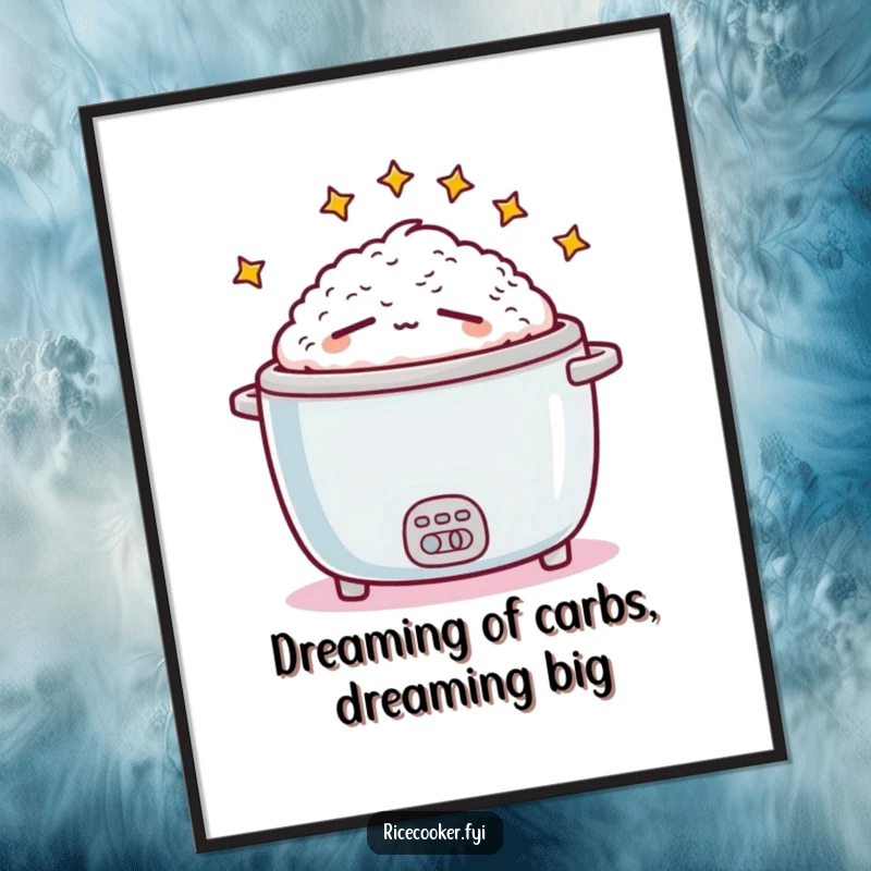 Funny Free Printable Wall Art of a sleepy rice cooker surrounded by stars, a humorous piece of downloadable decor.