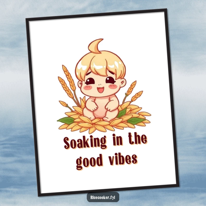 Funny Free Printable Wall Art of a cheerful character sitting happily surrounded by perfectly cooked grains.