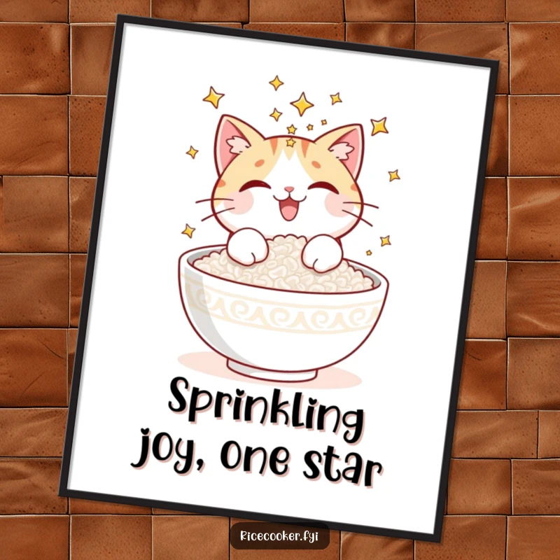 Funny Free Printable Wall Art: A delighted cat joyfully sprinkling glowing stars onto a perfectly cooked bowl of white rice.