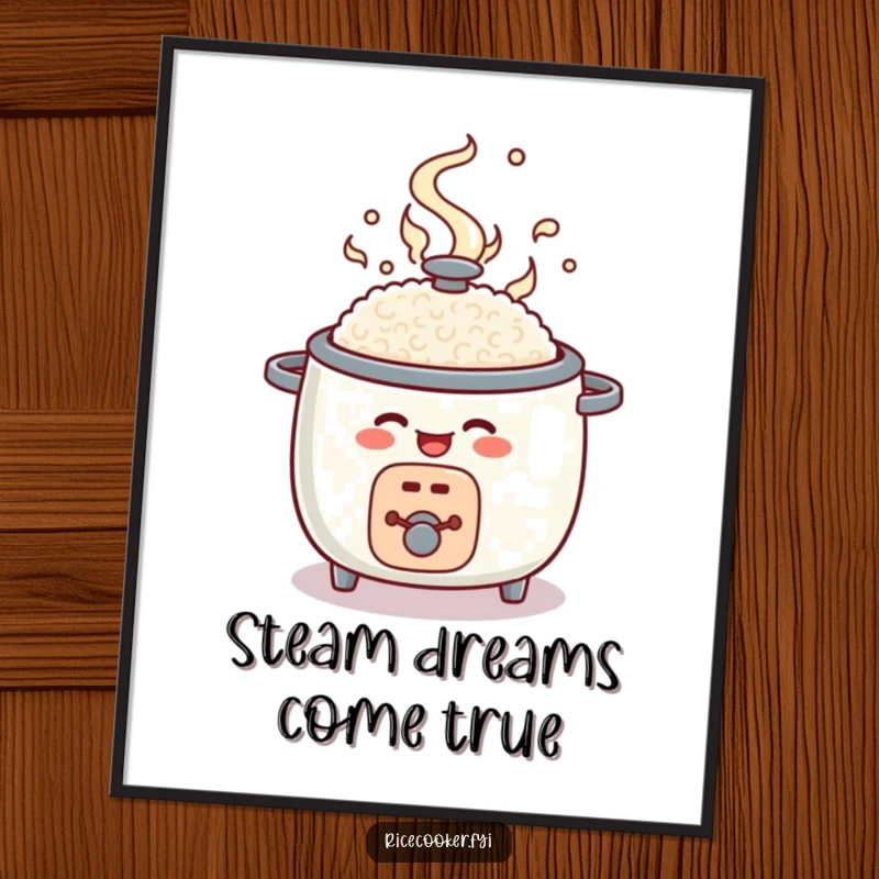 Funny Free Printable Wall Art: A round rice cooker character joyfully bursting open with swirling steam, adding a pop of fun.