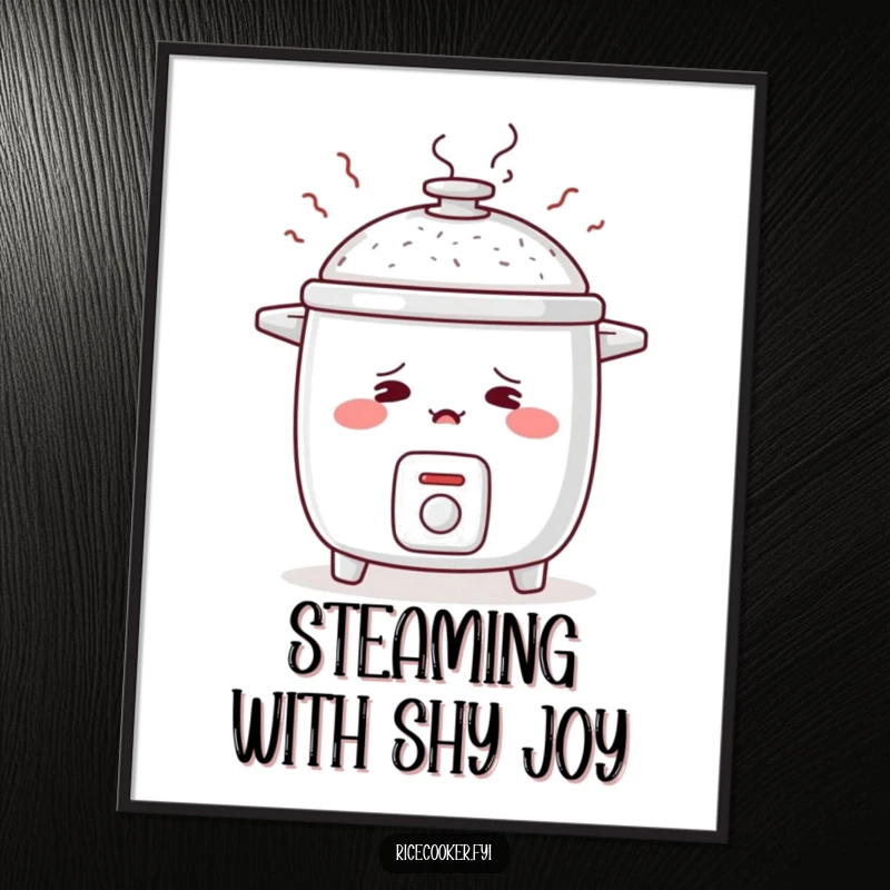 Funny free printable wall art of a rice cooker blushing with rosy cheeks, steam rising like embarrassed sighs, a cute kitchen accent.