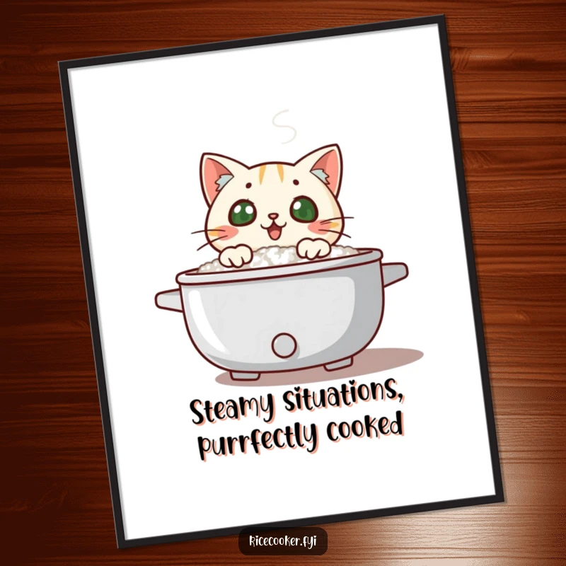 Funny Free Printable Wall Art: A cat's shocked face emerges from a steaming rice cooker, steam swirling humorously.