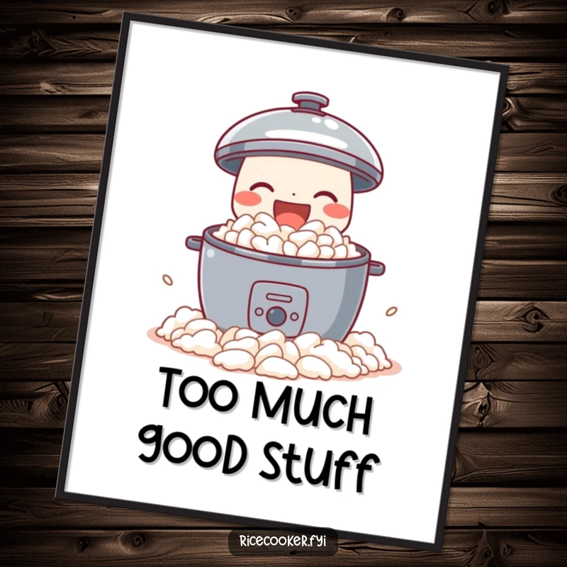 Funny Free Printable Wall Art of a happy rice cooker spilling perfect fluffy rice with sheer delight, adding a cheerful touch.