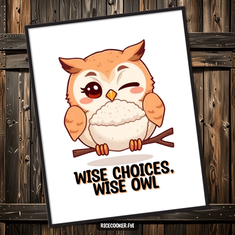 Funny free printable wall art of a winking owl offering a perfectly cooked rice ball, adding a touch of humor.