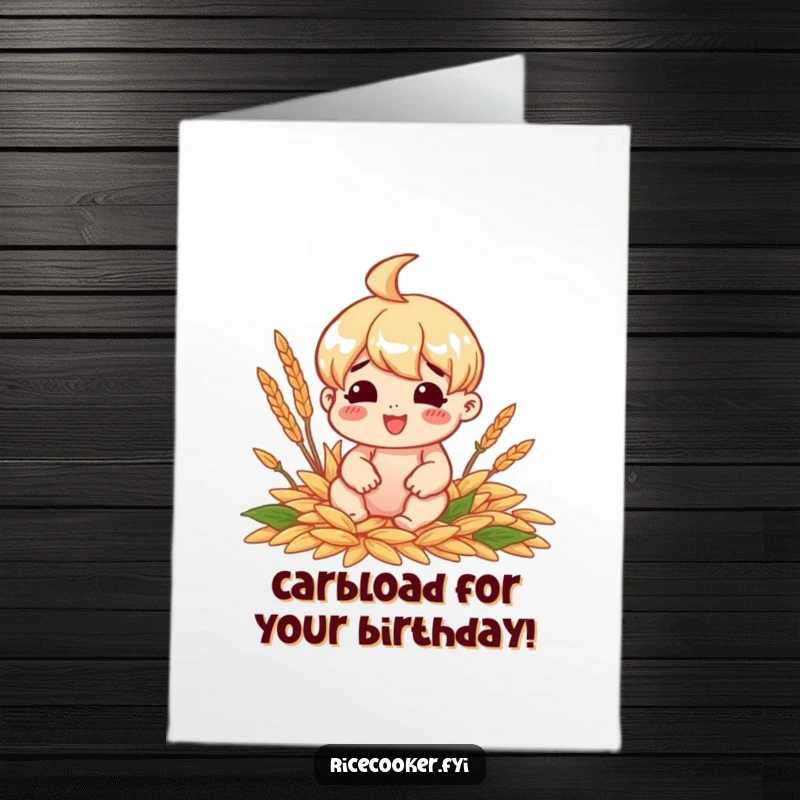 Funny Free Printable Birthday Card of a cheerful character sitting happily surrounded by perfectly cooked grains.