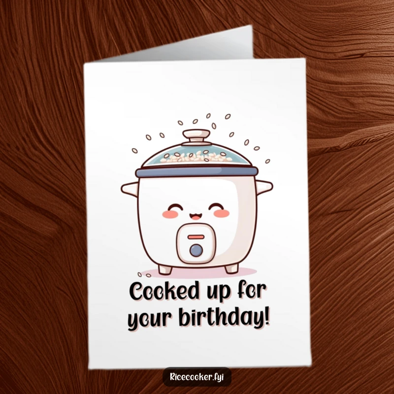 Funny free printable birthday card showing a giggling rice cooker spilling rice grains like confetti from its lid, celebrating joyfully.