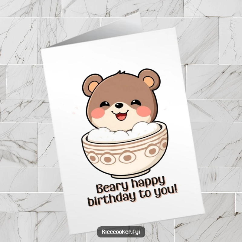 Funny free printable birthday card, cheerful bear popping out of a steaming bowl with a big grin, warm food humor.