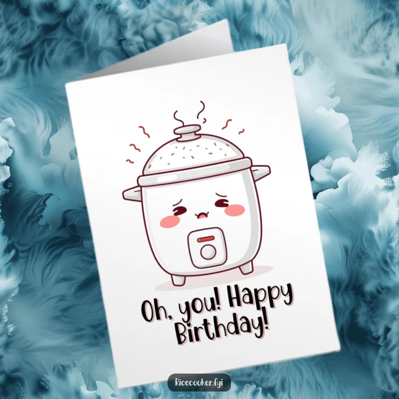 Funny free printable birthday card showing a shy rice cooker with rosy cheeks and steam puffing out like embarrassed sighs.