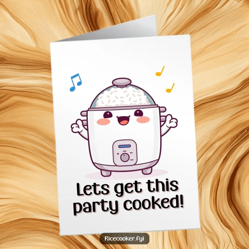 Funny free printable birthday card of a cheerful rice cooker with arms raised, passionately conducting an imaginary orchestra.