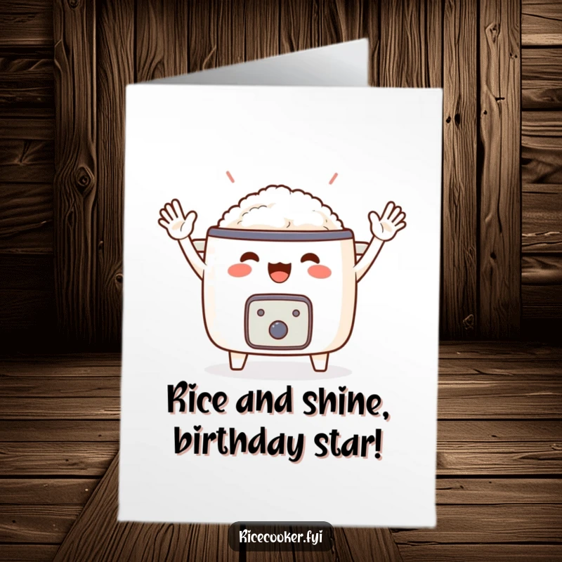 Funny Free Printable Birthday Card featuring a cute rice cooker with tiny arms waving hello, spreading joy for your celebration.