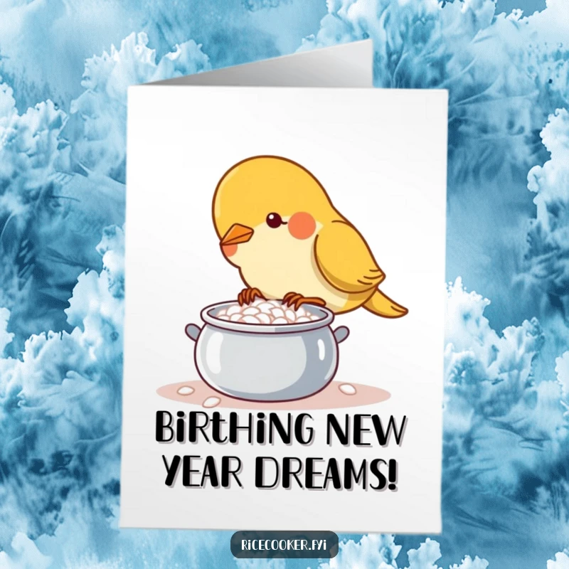 Funny Free Printable Birthday Card showing a determined bird tending a small bubbling pot of rice.