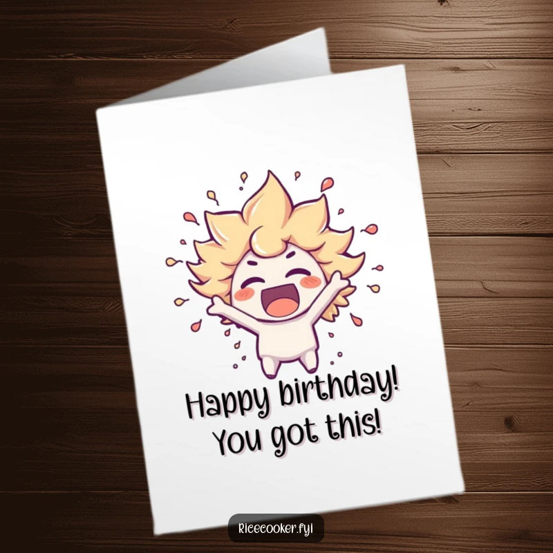 Funny Free Printable Birthday Card: character bursting with excitement, steam swirling energetically around its head, ready to party.