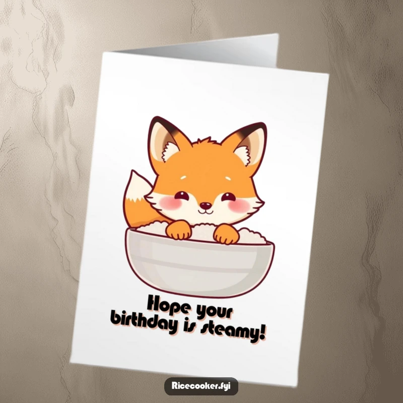 Funny Free Printable Birthday Card: Curious fox peeking from behind a steaming rice cooker lid.