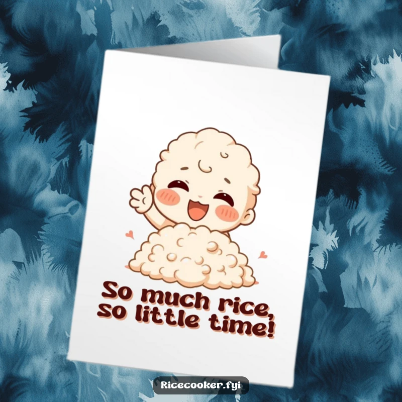 Free Printable Birthday Card with a character joyfully gesturing towards a fluffy mound of rice, expressing pure delight.