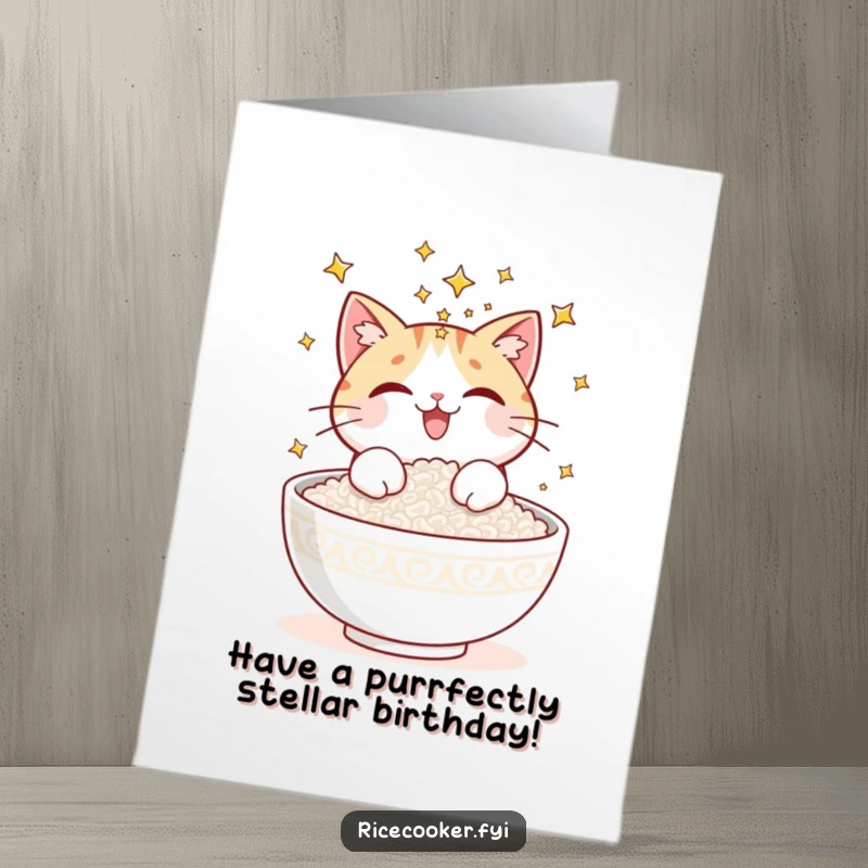 Funny Free Printable Birthday Card: A delighted cat magically sprinkling shining stars onto a bowl of freshly cooked rice.