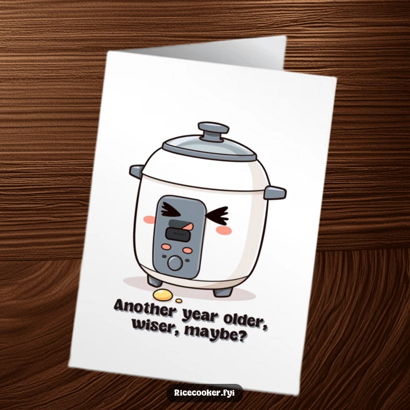 Funny Free Printable Birthday Card featuring a sneaky rice cooker giving a sly wink and dropping a grain of rice, playful design.