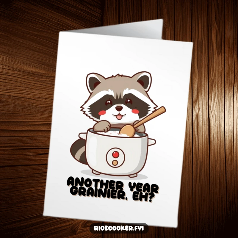 Funny Free Printable Birthday Card: A mischievous raccoon playfully tapping a rice cooker with a wooden spoon, plotting something.