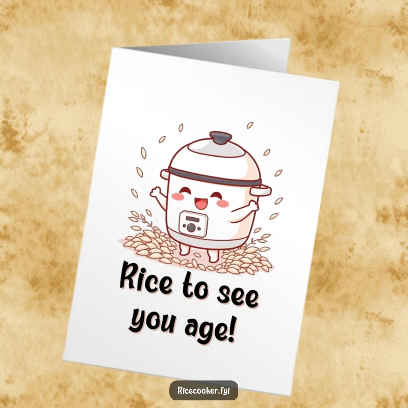 Funny Free Printable Birthday Card: A dancing rice cooker spills joy and rice grains, perfect for a foodie's celebration.