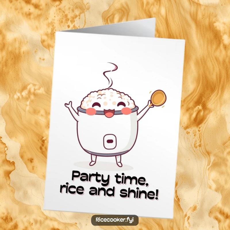 Funny Free Printable Birthday Card featuring a rice cooker dancing joyfully with a twirling ladle, perfect for a celebration.