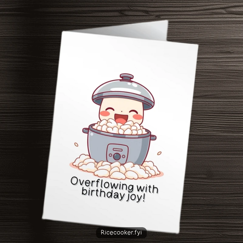 Funny Free Printable Birthday Card featuring a rice cooker joyfully spilling perfect fluffy rice, ideal for a celebratory message.