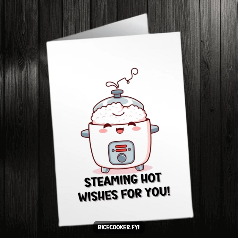 Funny Free Printable Birthday Card featuring a mischievous rice cooker letting out a cloud of happy steam, perfect for a chuckle.