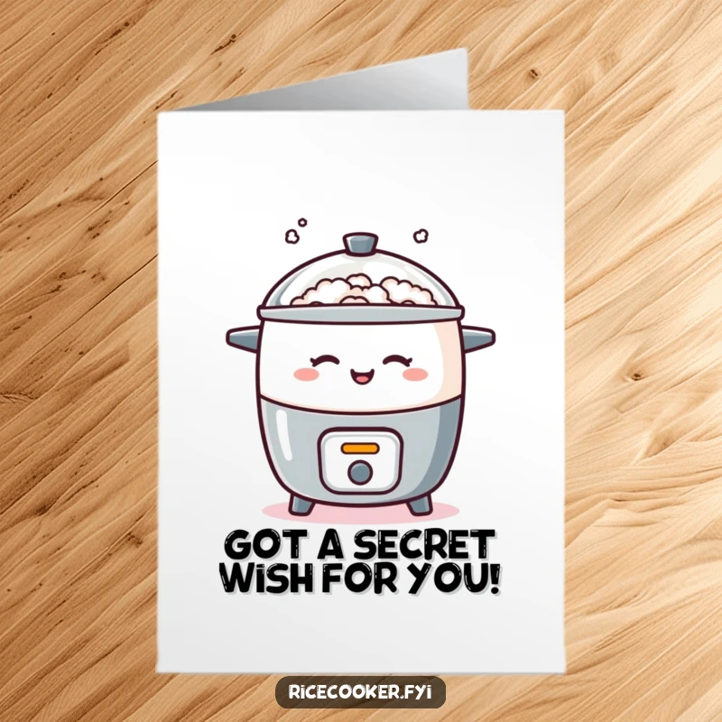 Funny Free Printable Birthday Card showing a rice cooker playfully winking with a wisp of steam, ideal for a cheeky greeting.
