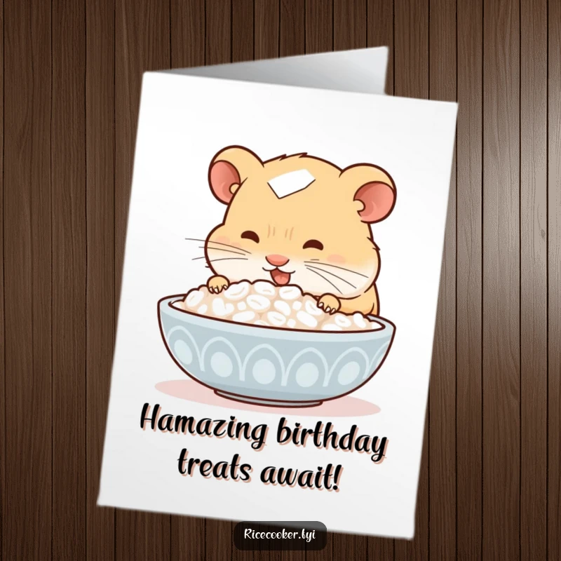 Funny free printable birthday card featuring a curious hamster joyfully sniffing a steaming bowl of rice, a downloadable delight.