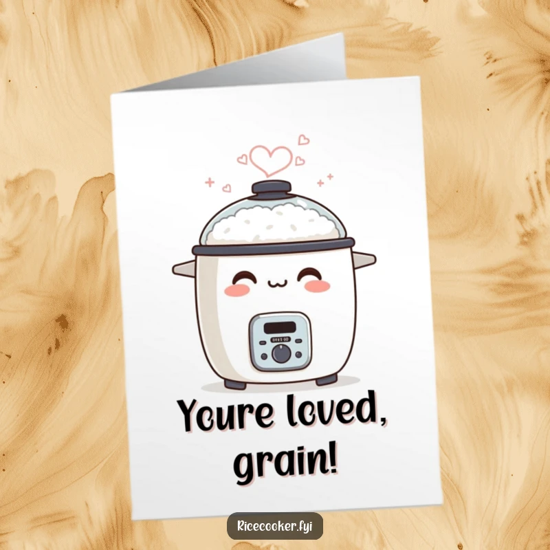 Funny Free Printable Birthday Card: A rice cooker smiles, its steam forming a perfect heart, sending warm birthday wishes.