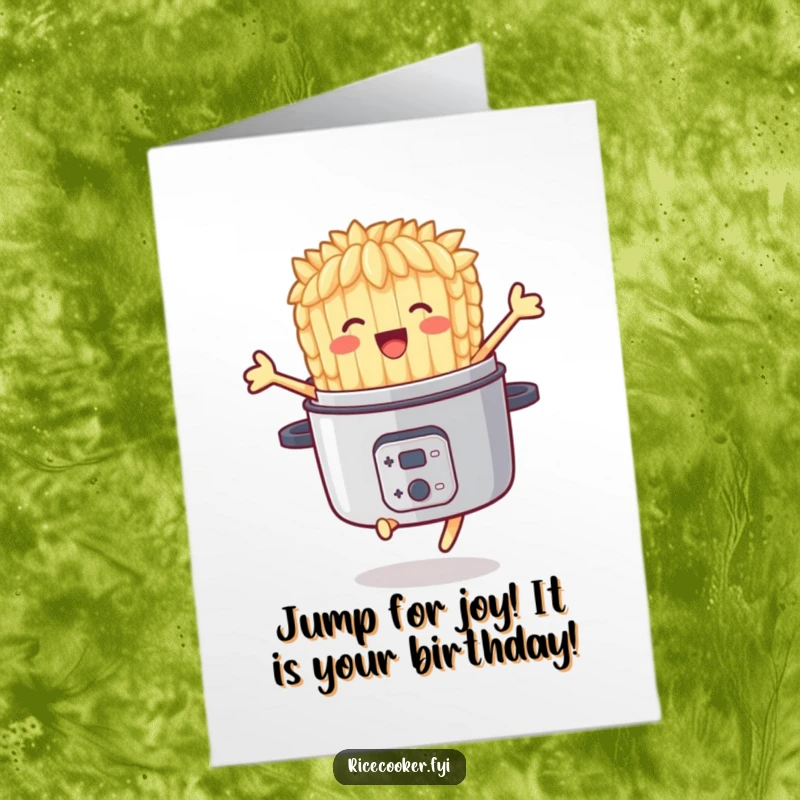 Funny Free Printable Birthday Card: a delighted rice grain character joyfully jumping from a cooker, perfect for a fun DIY greeting.