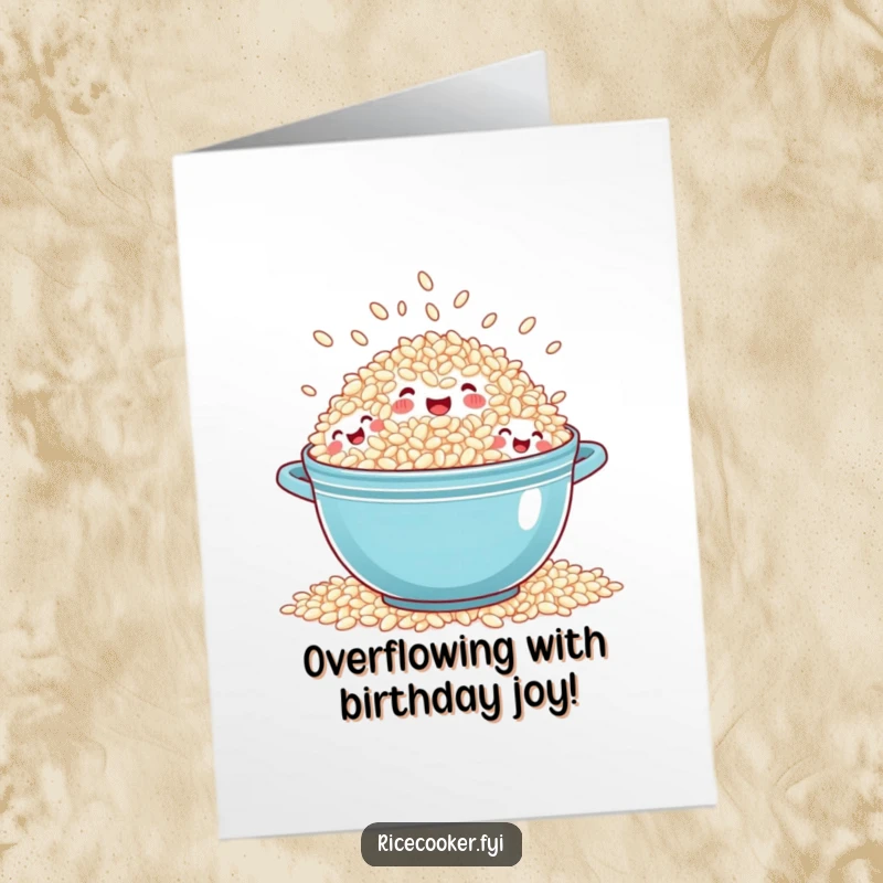 Funny Free Printable Birthday Card: A cheerful pot of rice overflows with tiny grain faces expressing laughter.