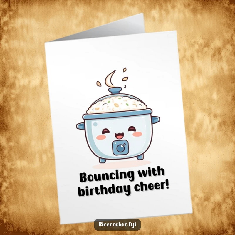 Funny Free Printable Birthday Card: A happy rice cooker character bouncing energetically with steam erupting from its lid, celebrating their day.