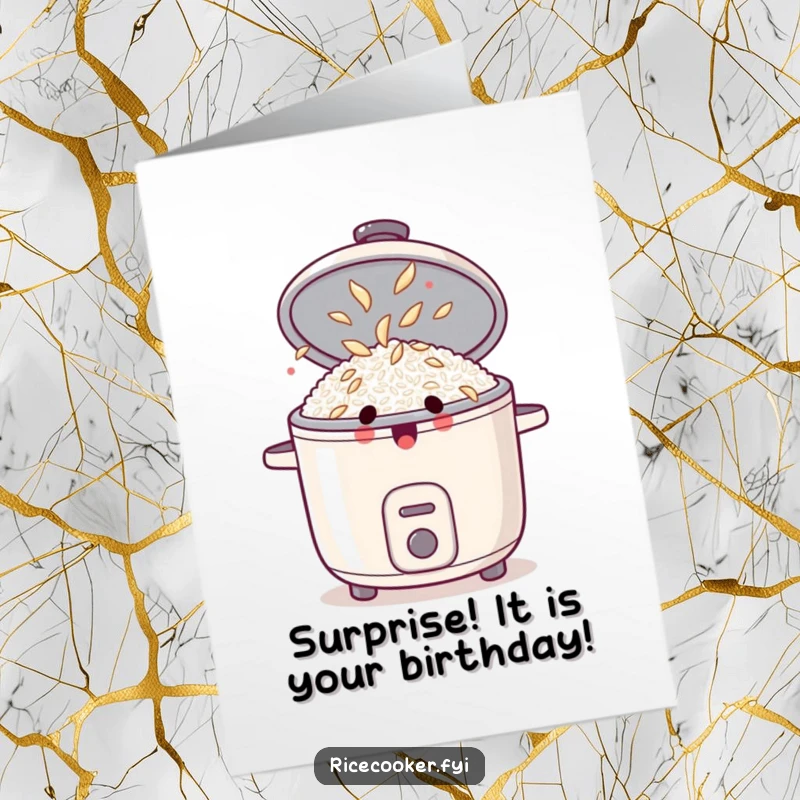Funny Free Printable Birthday Card: Surprised rice cooker with popped lid revealing happy dancing rice grains, for a fun celebration.