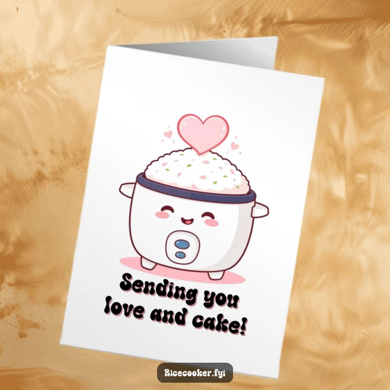 Funny Free Printable Birthday Card: Smiling rice cooker with heart-shaped steam, spreading love and birthday cheer.