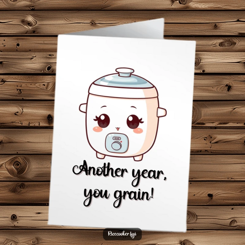 Funny Free Printable Birthday Card: A small rice cooker with big, wide eyes winks playfully, sending birthday wishes.
