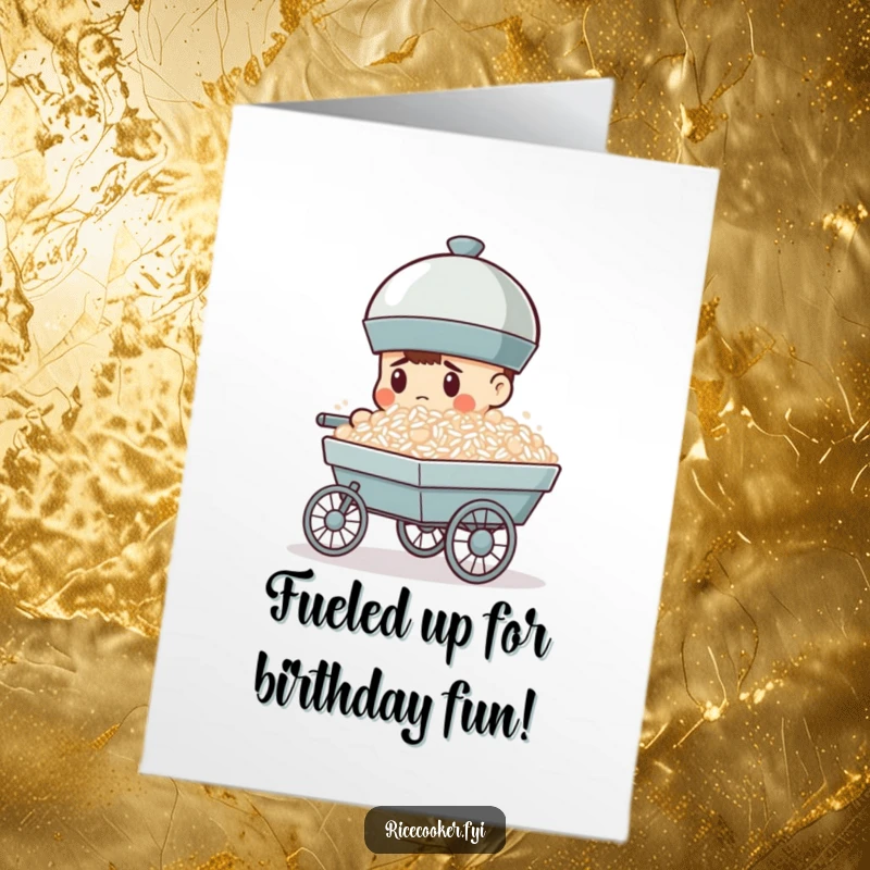 Funny free printable birthday card showing a determined rice cooker pushing a miniature cart overloaded with rice.