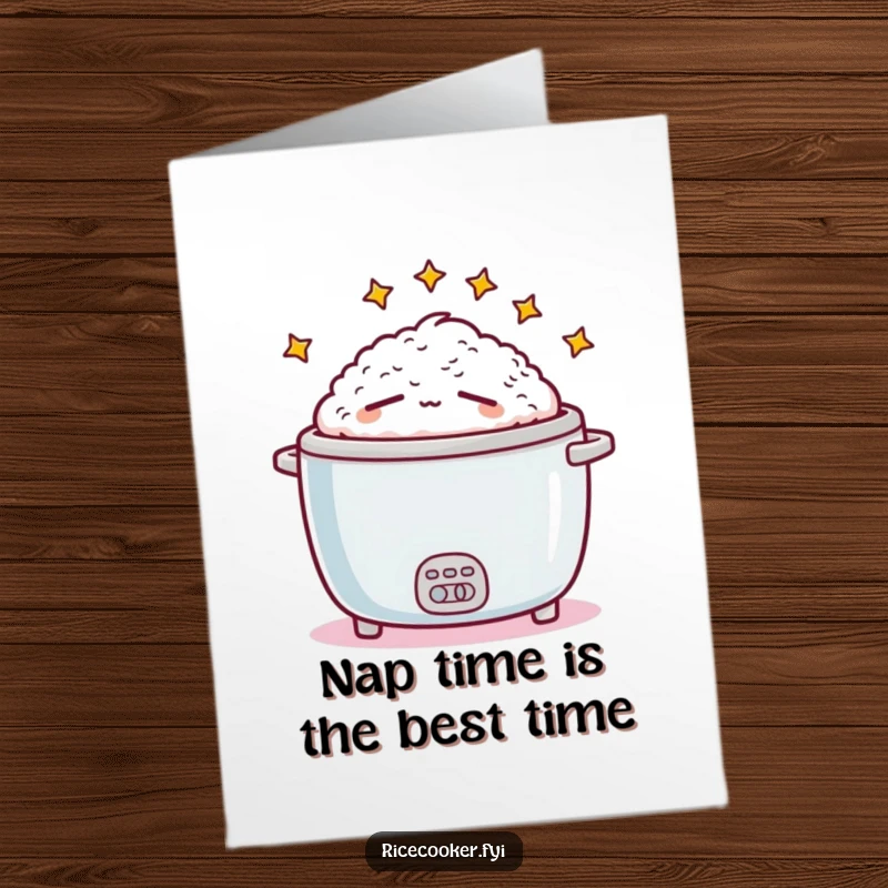 Funny Free Printable Birthday Card featuring a sleepy rice cooker dreaming of zzz's, perfect for a cozy celebration.