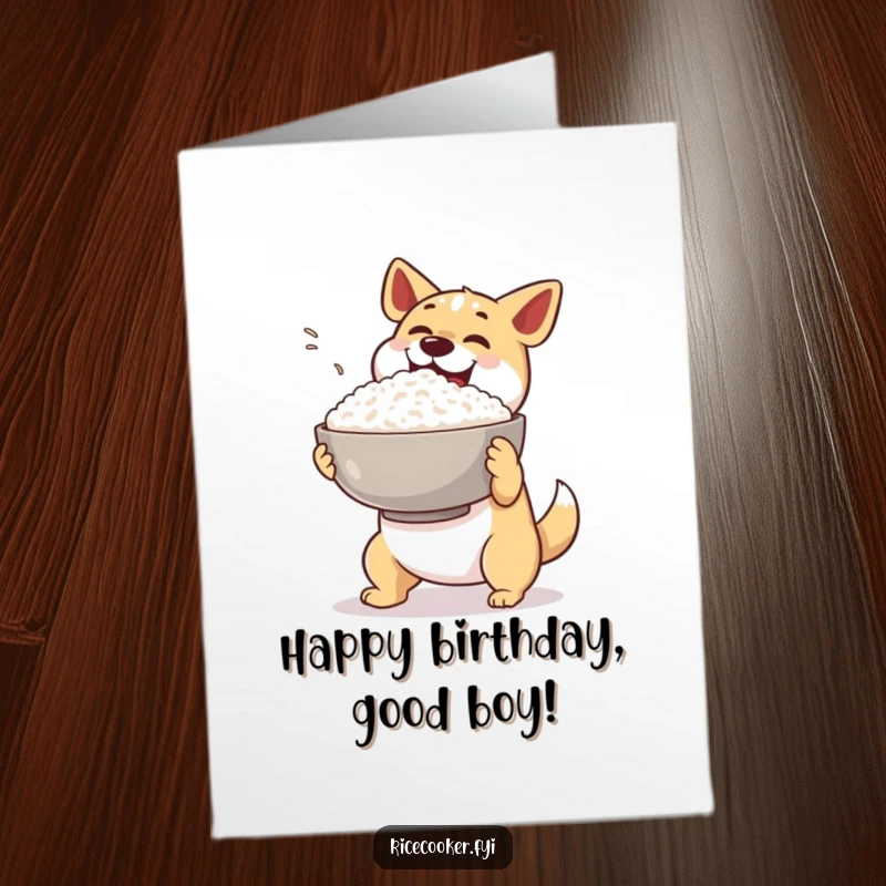 Funny Free Printable Birthday Card: A happy dog excitedly presents a giant bowl of steaming rice with a flourish for a birthday.