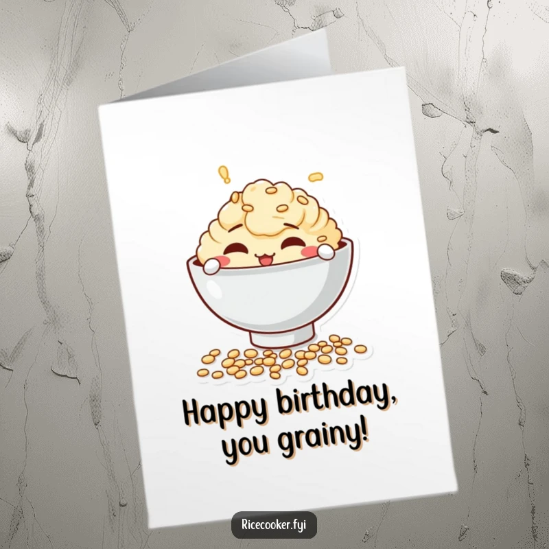Funny free printable birthday card of a mischievous bowl character playfully spilling a few uncooked grains with a cheeky look.