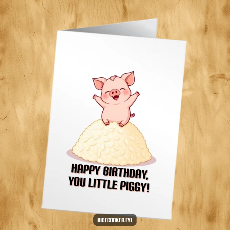 Funny Free Printable Birthday Card: Giggling pig happily dancing on a mound of fluffy rice.
