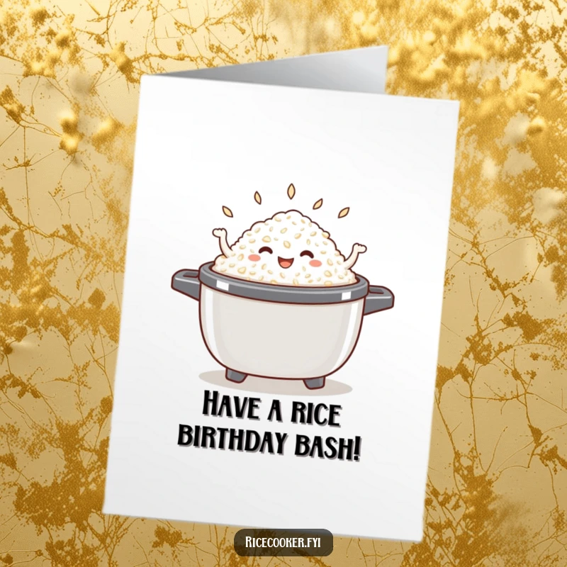 Funny Free Printable Birthday Card: A pile of cooked rice gleefully dancing inside an open rice cooker with smiles.