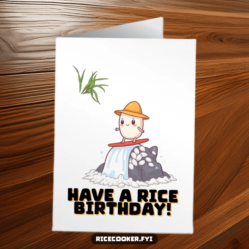 Funny Free Printable Birthday Card: A rice grain in a hat bravely surfing a steamy waterfall, pure chill.