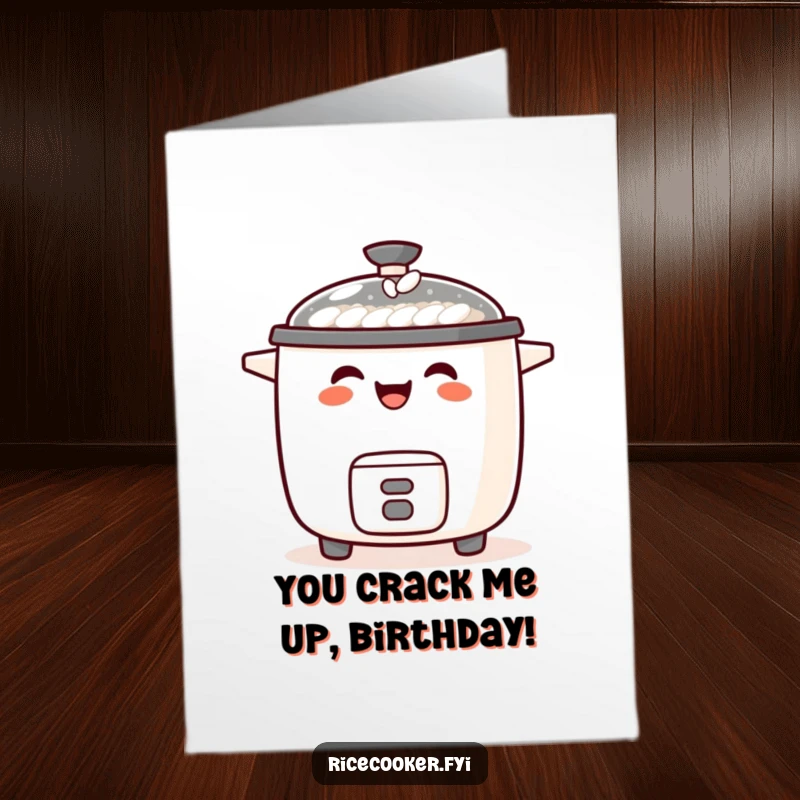 Funny Free Printable Birthday Card: A laughing rice cooker with a tiny grain of rice precariously balanced on its spout, sharing joy.