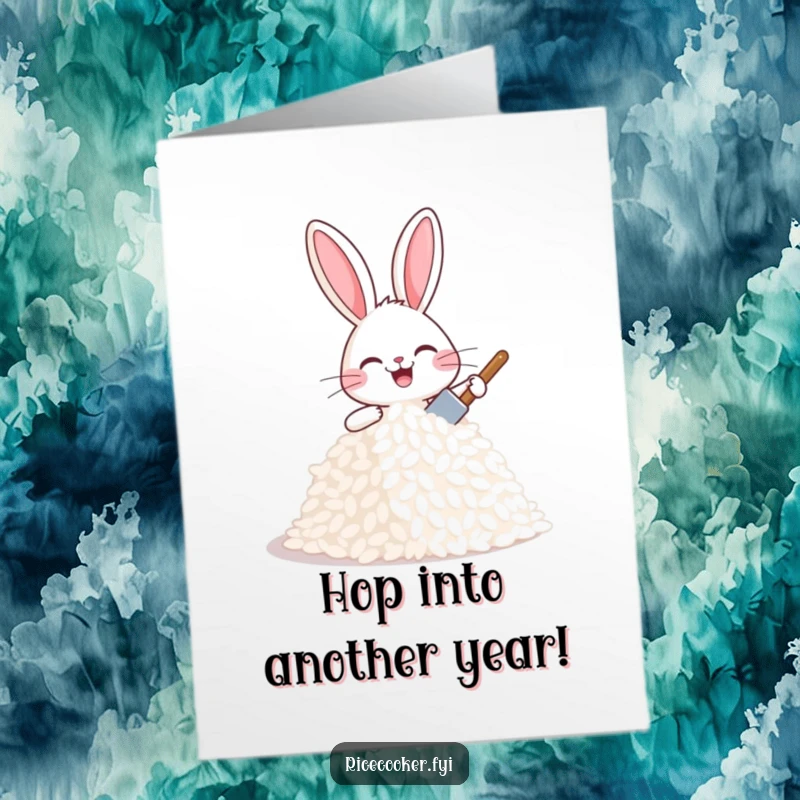 Funny Free Printable Birthday Card: Joyful bunny proudly patting a mound of rice with a tiny spatula, celebrating.