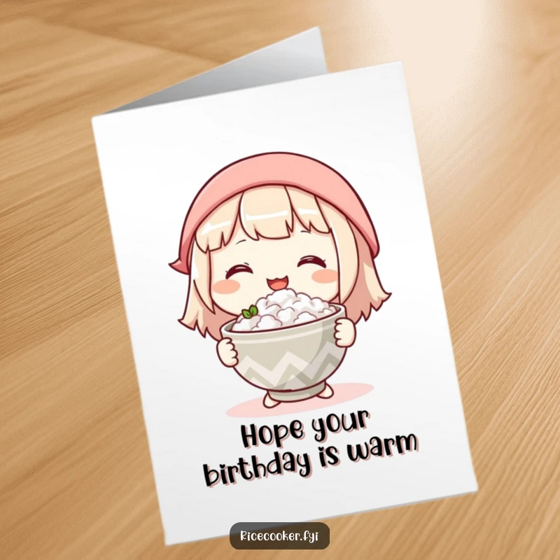 Funny Free Printable Birthday Card: character with a gentle smile happily offering a warm bowl of rice, radiating kindness.