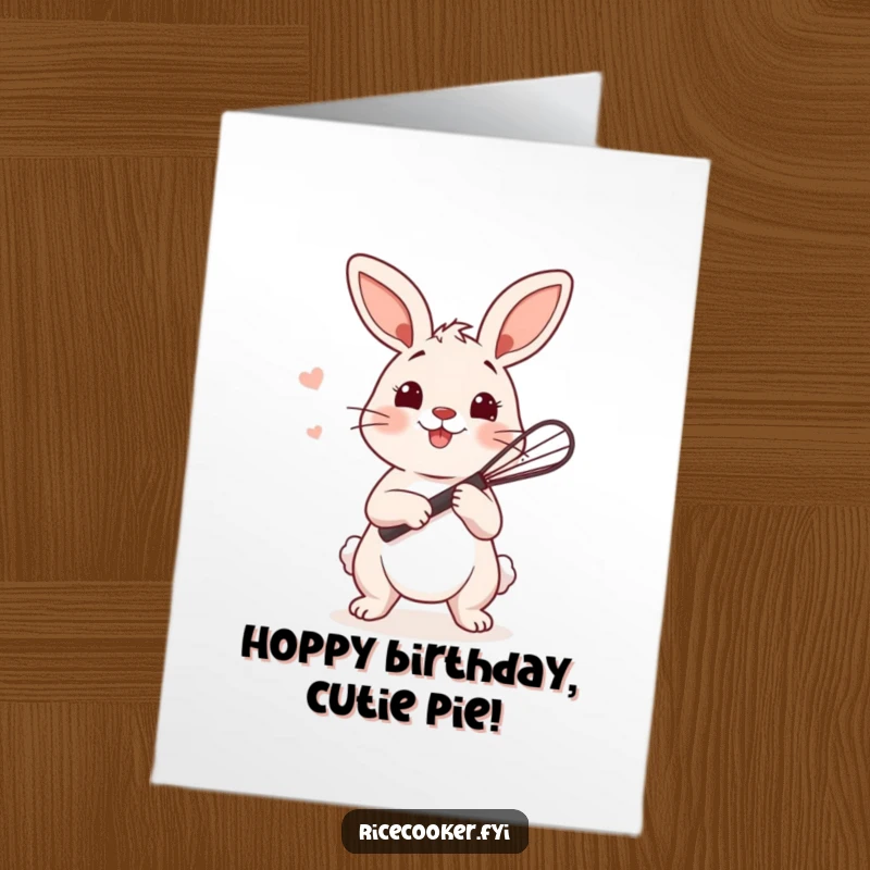 Funny Free Printable Birthday Card: Playful bunny holding a tiny whisk, prepared to stir rice.