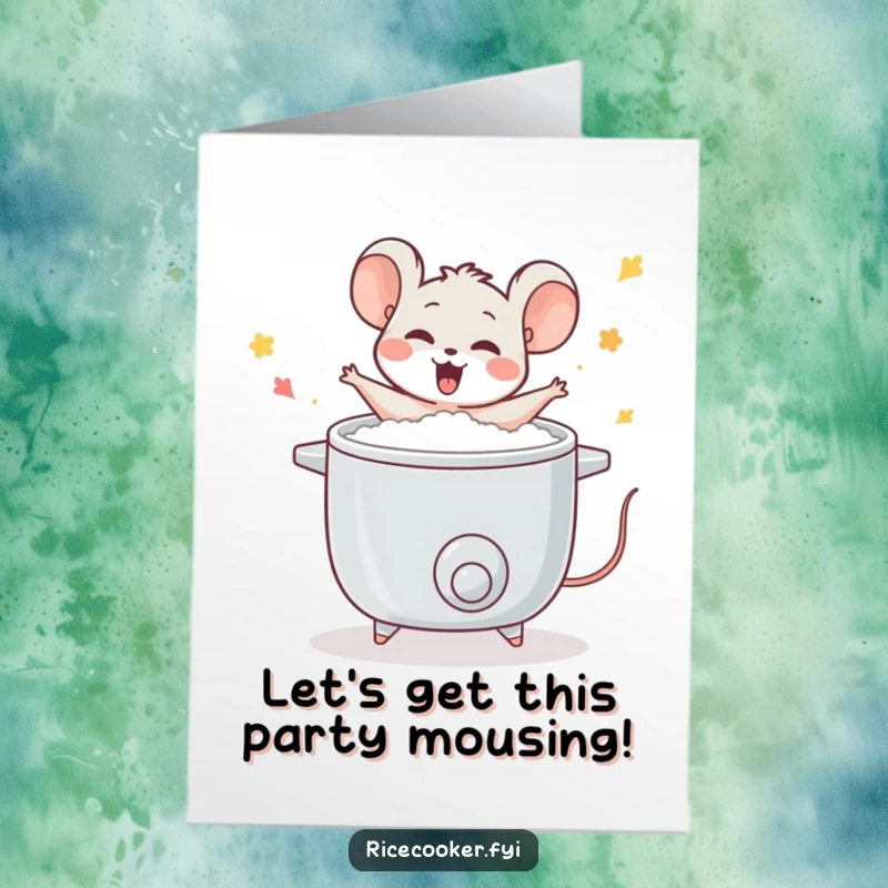 Funny free printable birthday card featuring a joyful mouse dancing ecstatically around a bubbling rice cooker, a downloadable celebration.