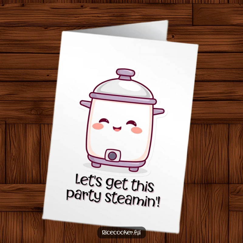 Funny Free Printable Birthday Card: A smiling rice cooker character with its lid tilted in amusement, humorous downloadable design.